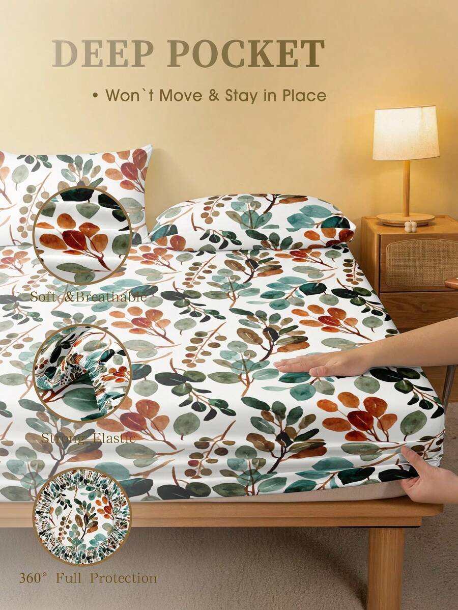 Fitted Sheet Deep - Sprei Bermotif Daun Bunga, Lembut, Bernapas,
