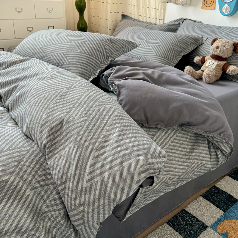Linen Duvet Cover - 4PC Set Sprei Geometris Abu-abu Modern