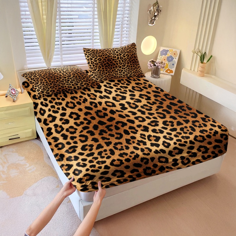 Fitted Sheet Deep - 3Pcs Set Sprei, Motif Leopard Retro,