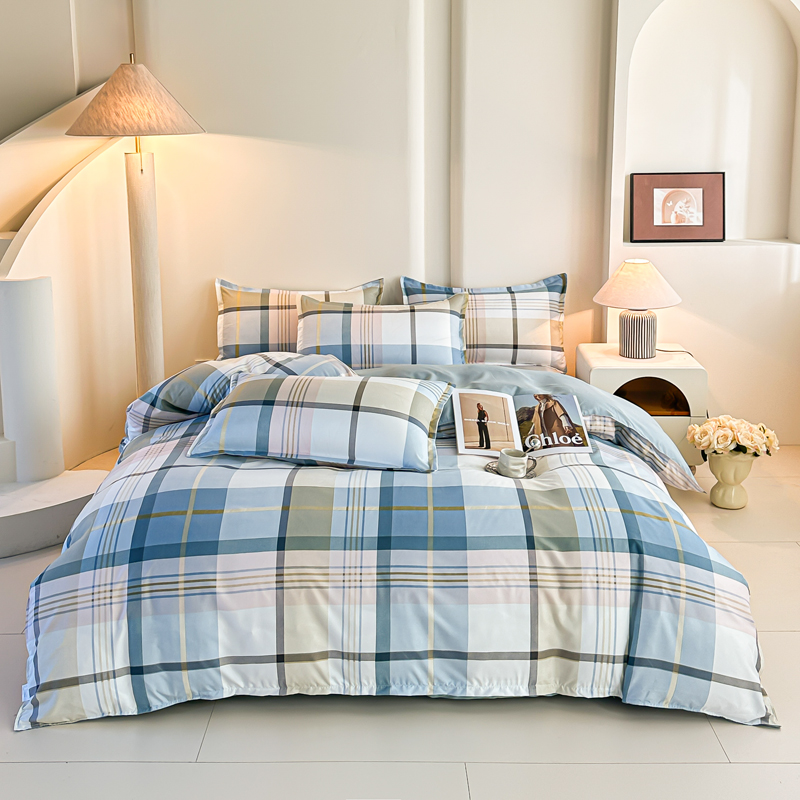 Linen Duvet Cover - 4PCS Set Sprei Kotak-kotak Biru Modern
