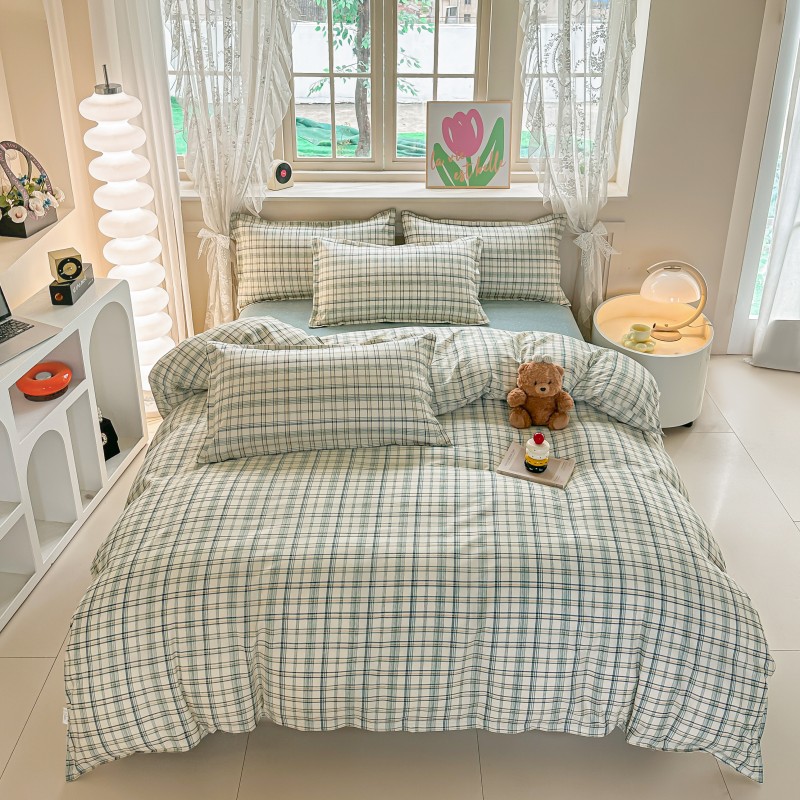 Linen Duvet Cover - 4PCS Set Sprei Kotak-kotak Hijau, Linen