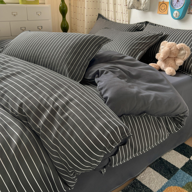 4PCS Set Sprei Bergaris Abu-ab - Linen Duvet Cover ulasan dan harga
