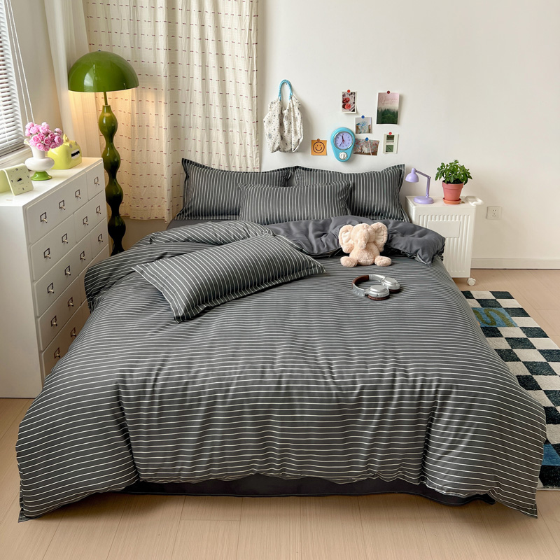 4PCS Set Sprei Bergaris Abu-ab - Linen Duvet Cover ulasan dan harga