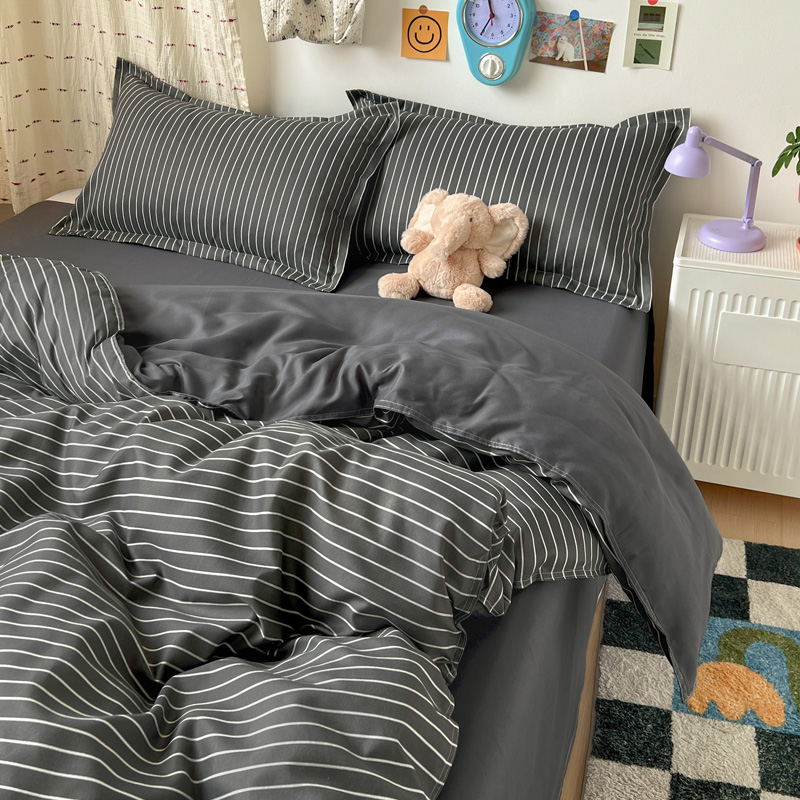 4PCS Set Sprei Bergaris Abu-ab - Linen Duvet Cover ulasan dan harga