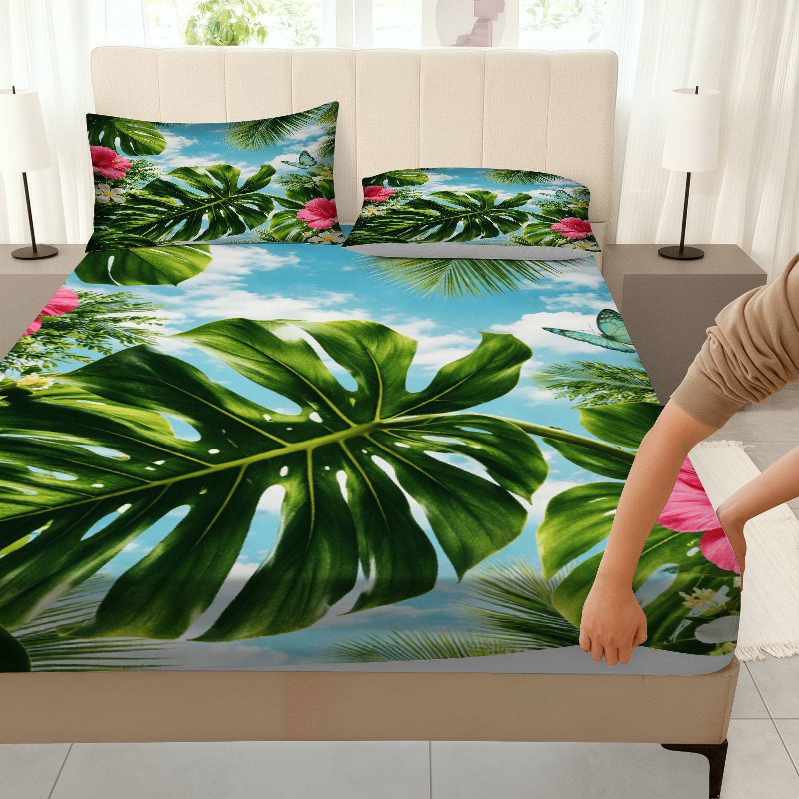 Set Sprei Hibiscus Tropis, Tem - Fitted Sheet Deep ulasan dan harga