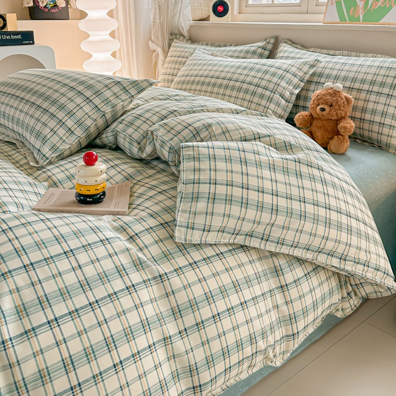 4PCS Set Sprei Kotak-kotak Hij - Linen Duvet Cover ulasan dan harga